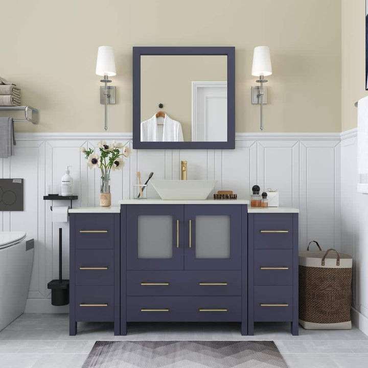 Vanity Art Ravenna 54 in. W Single Basin Bathroom Vanity in Blue with White Engineered Marble Top and Mirror