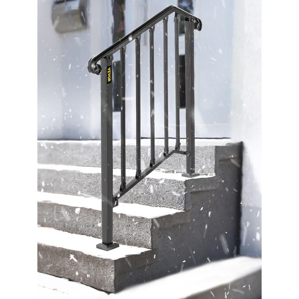 VEVOR 2 ft. Handrails for Outdoor Steps Fit 2 or 3 Steps Outdoor Stair Railing Wrought Iron Handrail with baluster, Black