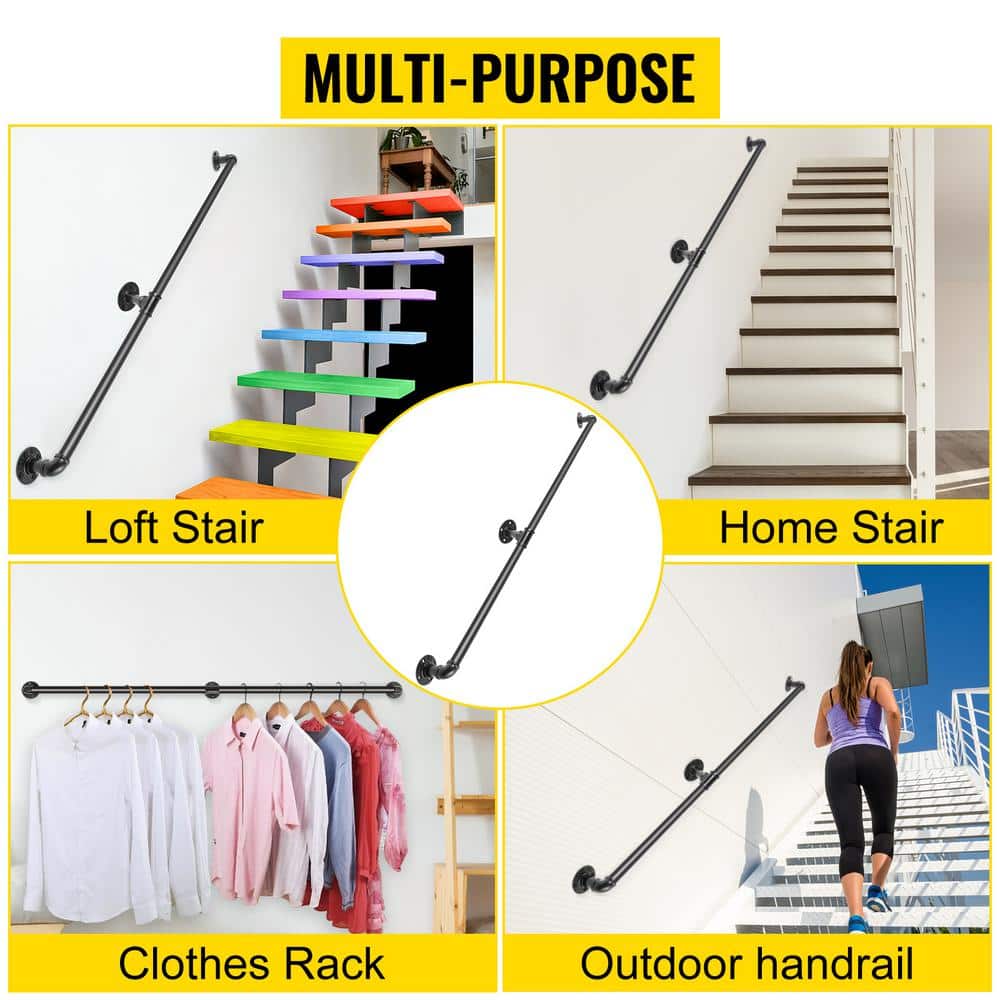 VEVOR 6 ft. Pipe Stair Handrail 440 lbs. Load Capacity Wall Mounted Handrail Round Corner Handrails for Outdoor Steps in Black