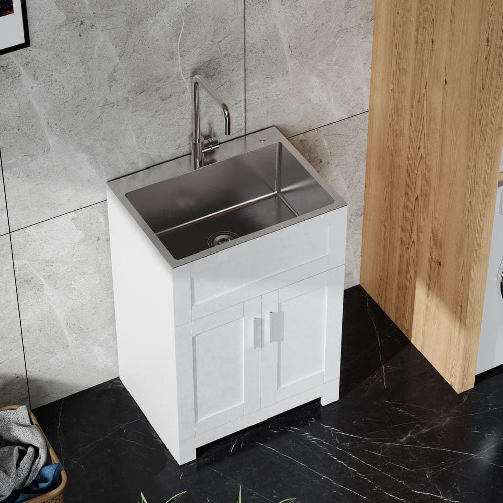 ANGELES HOME 24 in. White Paint-Free Laundry Tub Cabinet with Stainless Steel Combo