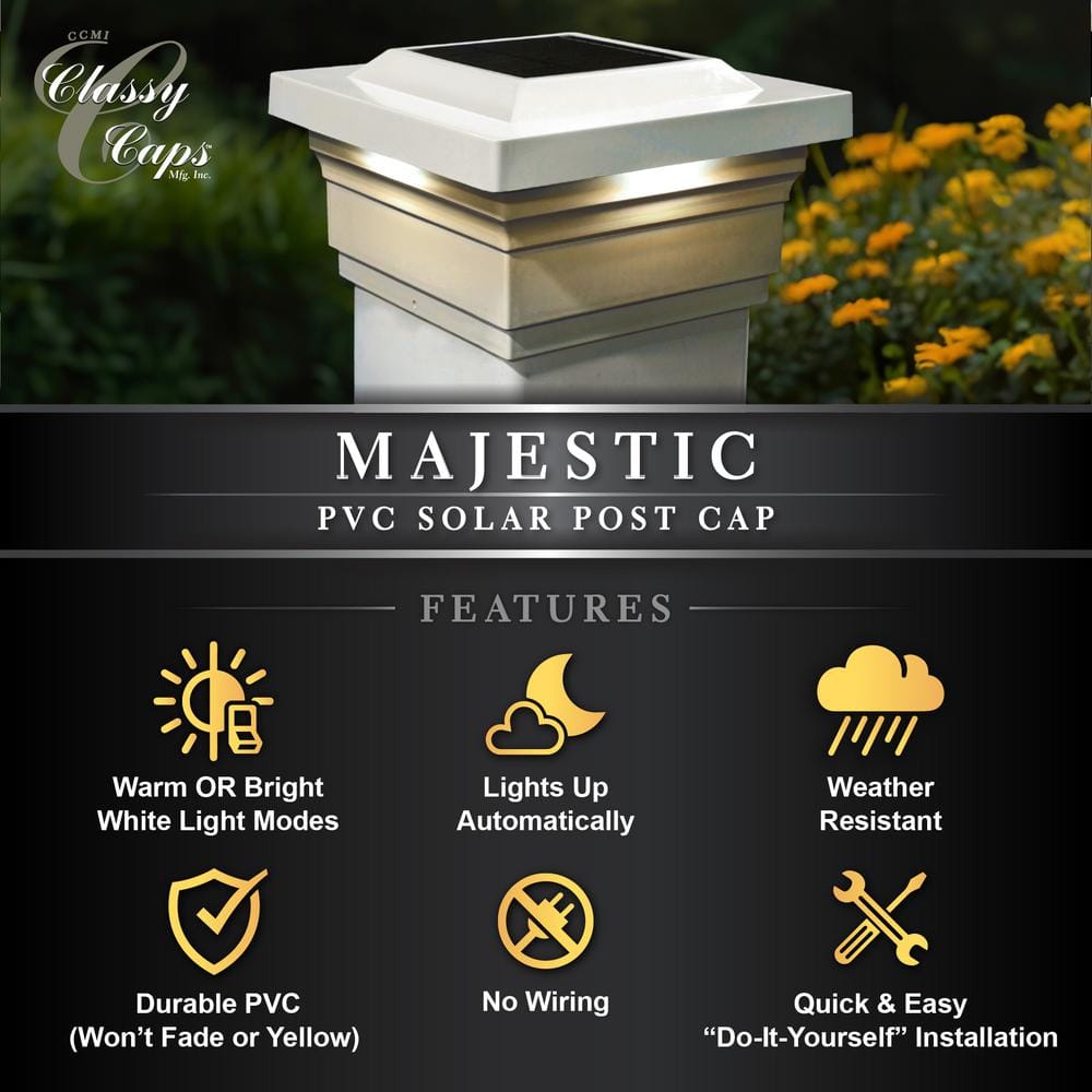 CLASSY CAPS Majestic 5 in. x 5 in. Outdoor White Vinyl LED Solar Post Cap (2-Pack)