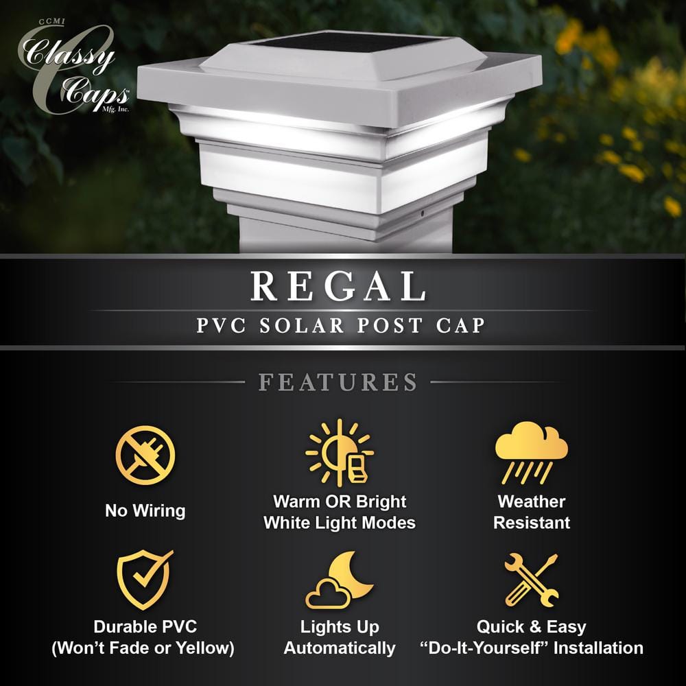 CLASSY CAPS Regal 4 in. x 4 in. Outdoor White Vinyl LED Solar Post Cap (2-Pack)