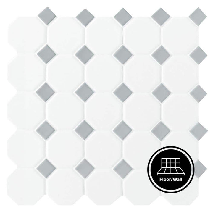 Daltile Prologue Matte White 12 in. x 12 in. x 6 mm Glazed Ceramic Octagon/Dot Mosaic Floor and Wall Tile (1 sq. ft. per piece)