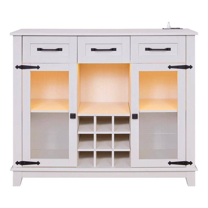 FUNKOL 41.73 in. x 15.35 in. x 30.91 in.Vintage White MDF Kitchen Cabinet w/3-Drawer LED Charging Station Wine Rack & GlassDoor