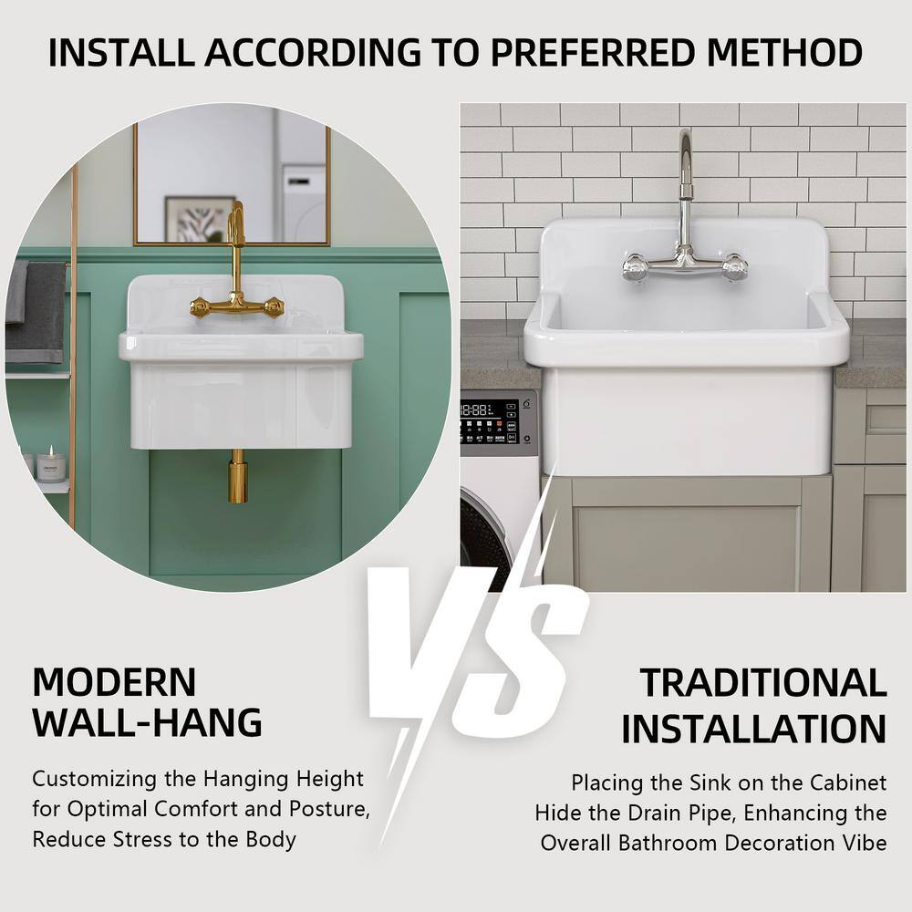 Getpro 24 in. Wall Mount Laundry Utility Sink in White - Farmhouse Ceramic with Bracket & Strainer