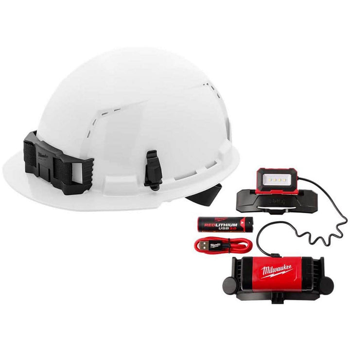 Milwaukee BOLT White Type 1 Class C Front Brim Vented Hard Hat with 4-Point Ratcheting Suspension and 600-Lumen Rechargeable Headlamp