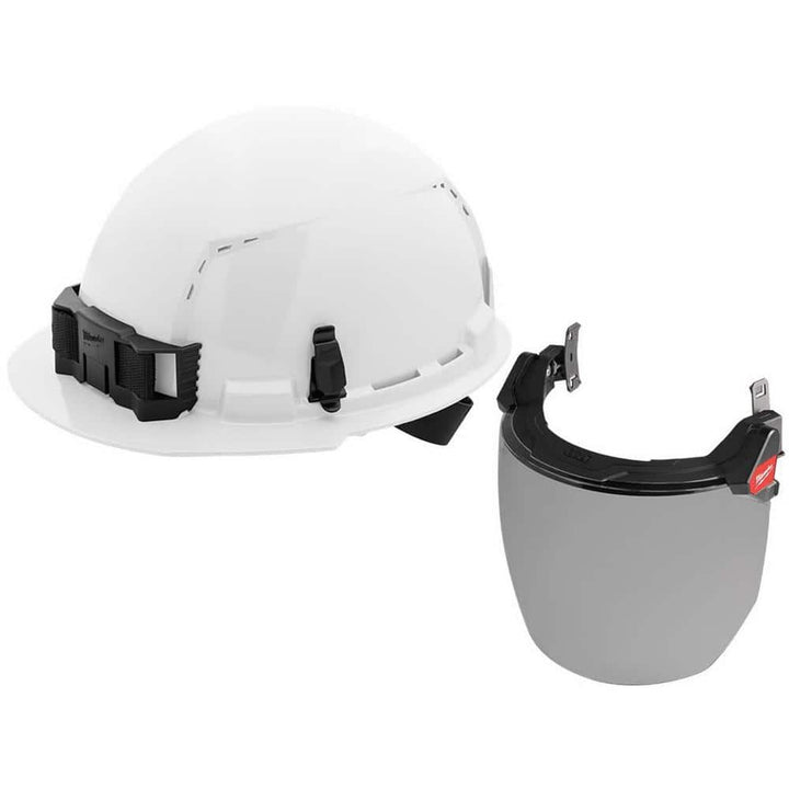Milwaukee BOLT White Type 1 Class C Front Brim Vented Hard Hat, 4-Point Ratcheting Suspension, with Smoke Full Face Shield