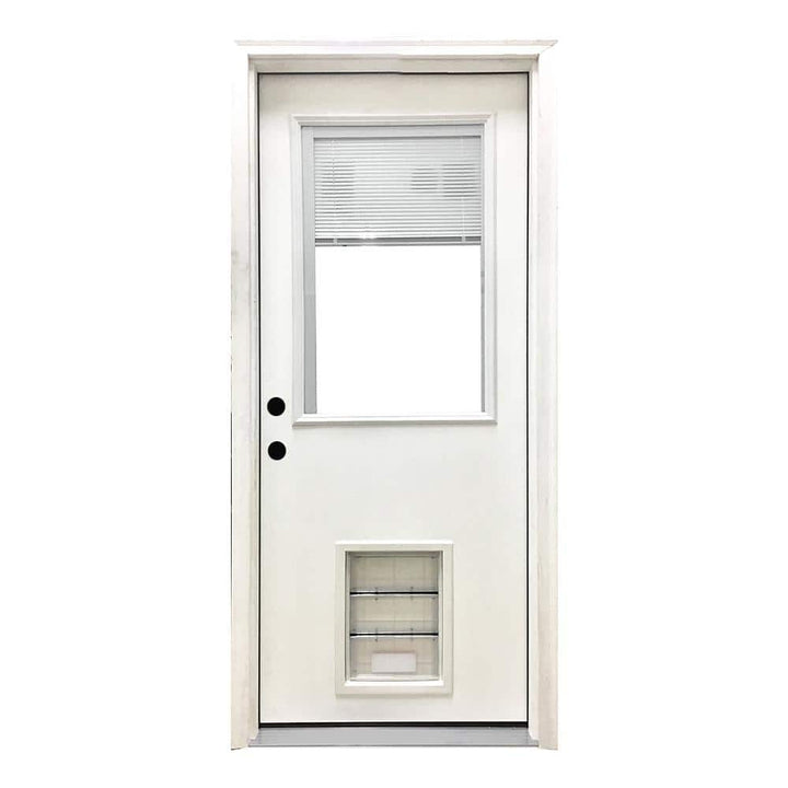 Steves & Sons 36 in. x 80 in. Reliant Series Clear Mini-Blind RHIS White Primed Fiberglass Prehung Front Door with Extra Large Pet Door