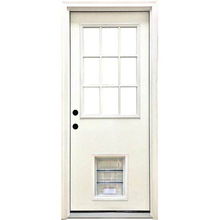 32 in. x 80 in. Steves & Sons Reliant Series Clear 9-Lite RH Inswing White Primed Fiberglass Prehung Front Door with Large Pet Door
