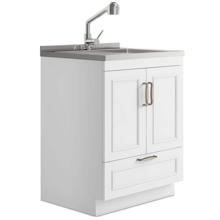 Simpli Home Cardinal Transitional 28 in. Wall Mount Laundry Sink with Cabinet Laundry Cabinet Faucet and Stainless Steel Sink White