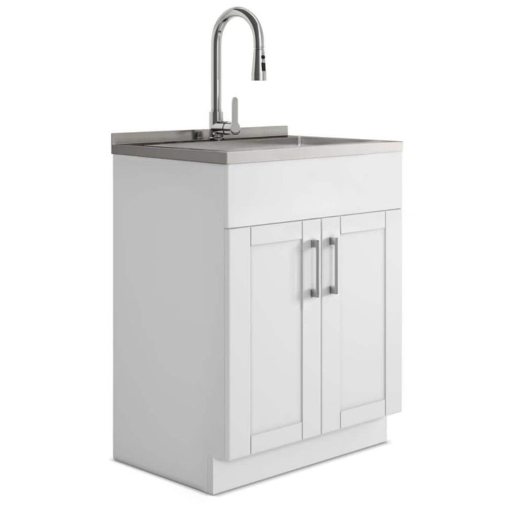Simpli Home Modern Wide Shaker Transitional 28 in. Wall Mount Laundry Sink with Cabinet Faucet and Stainless Steel Sink in White