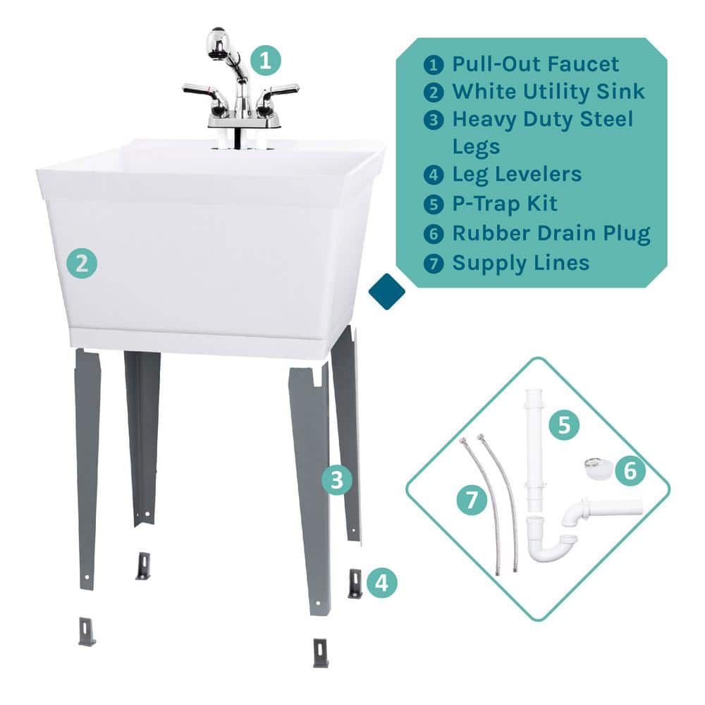 TEHILA 22.875 in. x 23.5 in. White Utility Sink with Chrome Pull-Out Faucet
