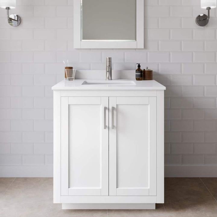 Wyndham Collection Miranda 30" White Bathroom Vanity with Cultured Marble Top