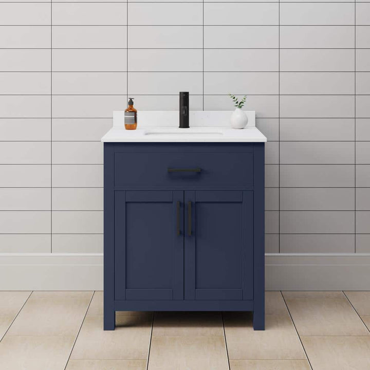 Wyndham Collection Beckett 30" Bathroom Vanity in Dark Blue with White Cultured Marble Top
