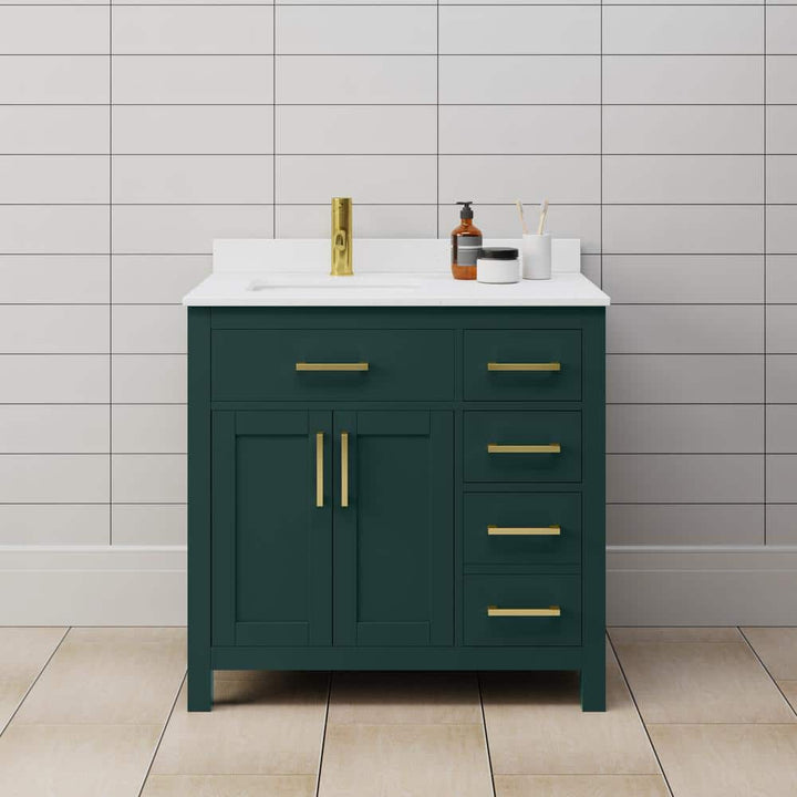 Wyndham Collection Beckett 36" Green Bathroom Vanity with White Cultured Marble Top