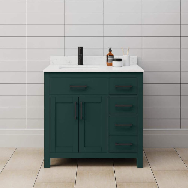 Wyndham Collection Beckett 36" Green Bathroom Vanity with Carrara Marble Top