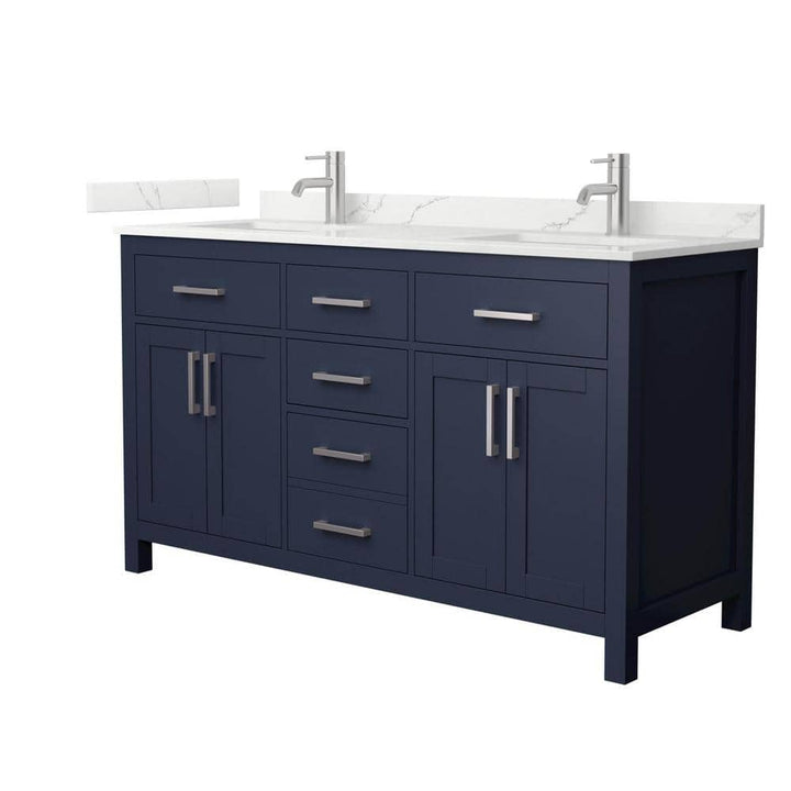 Wyndham Collection Beckett 60 in. Double Freestanding Dark Blue Bath Vanity with Giotto Quartz Top