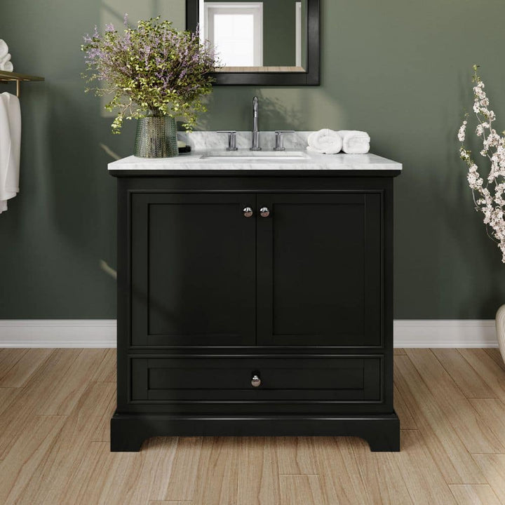 Wyndham Collection Deborah 36" Bathroom Vanity in Dark Espresso with White Carrara Marble Top