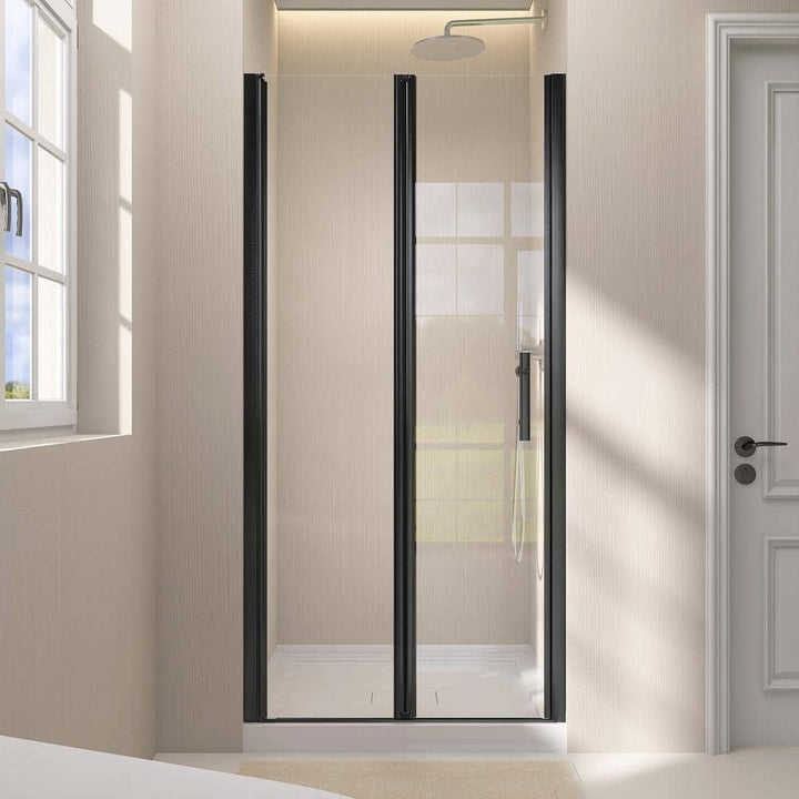 Zeafive 34 to 35-1/2 in. W x 72 in. H Frameless Bifold Shower Door Swing Pivot Small Alcove Shower Door in Black Clear Glass