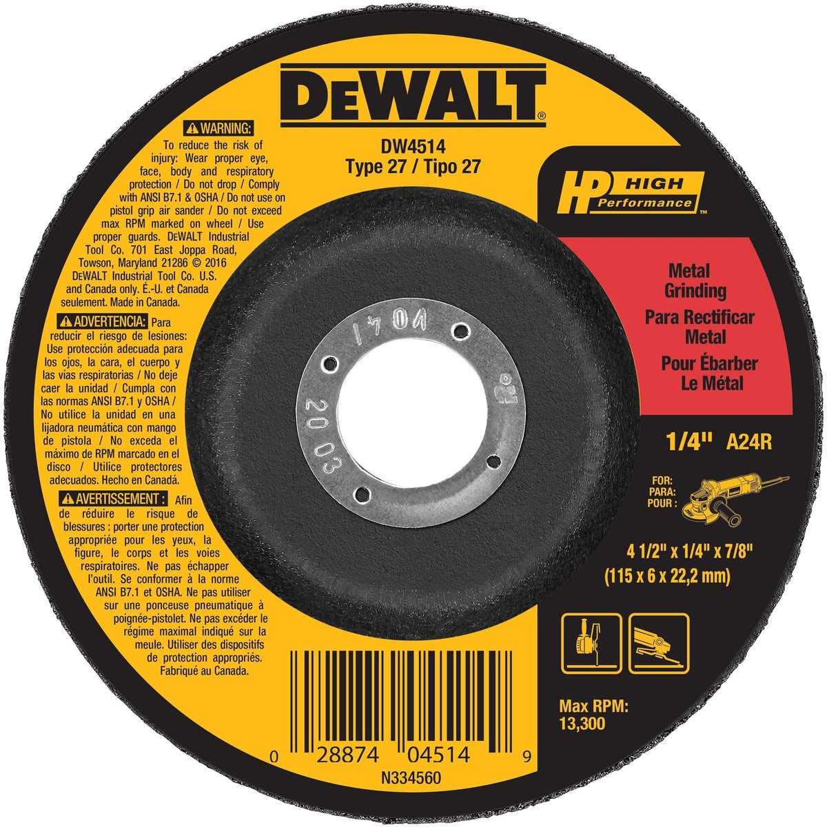 DEWALT Aluminum Oxide 4.5-in Type 27 Grinding Wheel, 1/4-in Thick, 7/8-in Arbor
