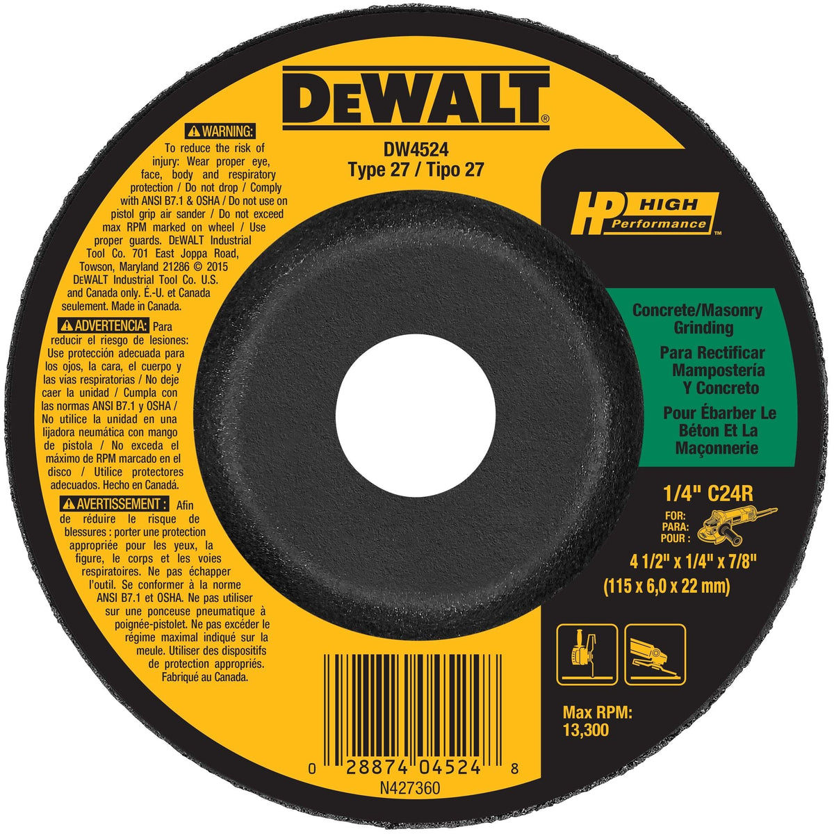 DEWALT Silicon Carbide 4-1/2-in Type 27 Masonry Grinding Wheel, 7/8-in Arbor, 1/4-in Thick