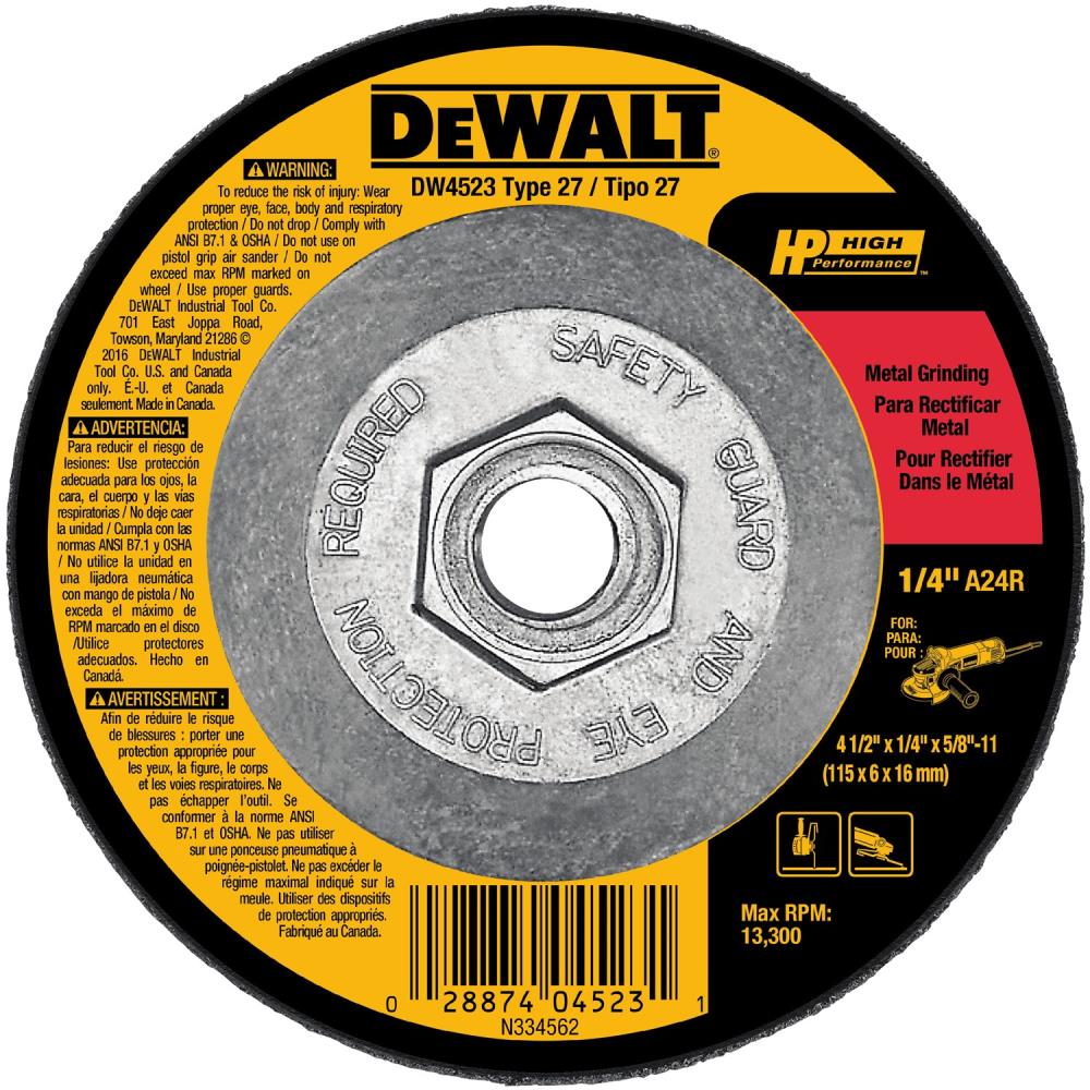 DEWALT Aluminum Oxide 4.5-in Type 27 Grinding Wheel, 5/8-in Arbor, 1/4-in Thick