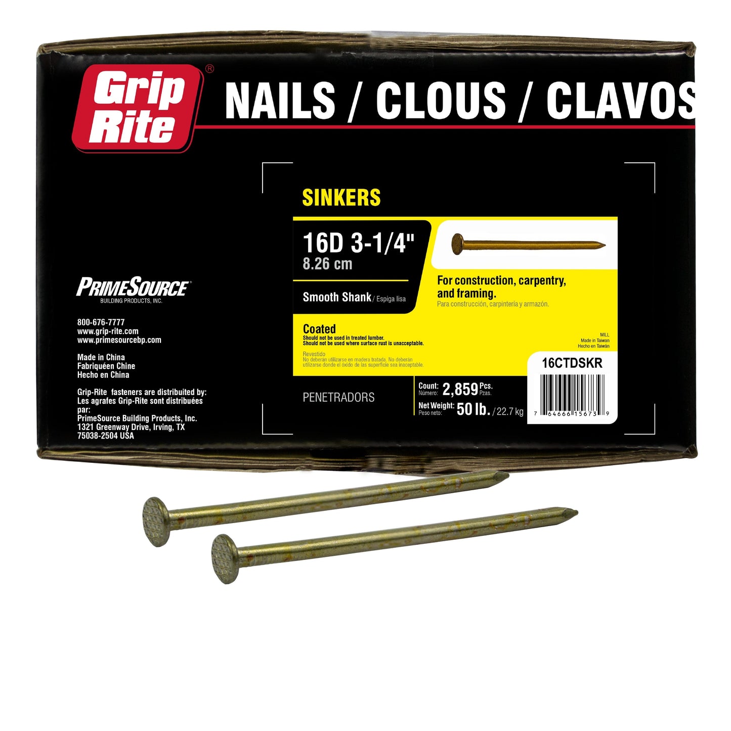 Grip-Rite 16D Vinyl-Coated Sinker Nails, 3-1/4 in x 0.162 in, 50 lb Box (Approx. 2,859 Count)