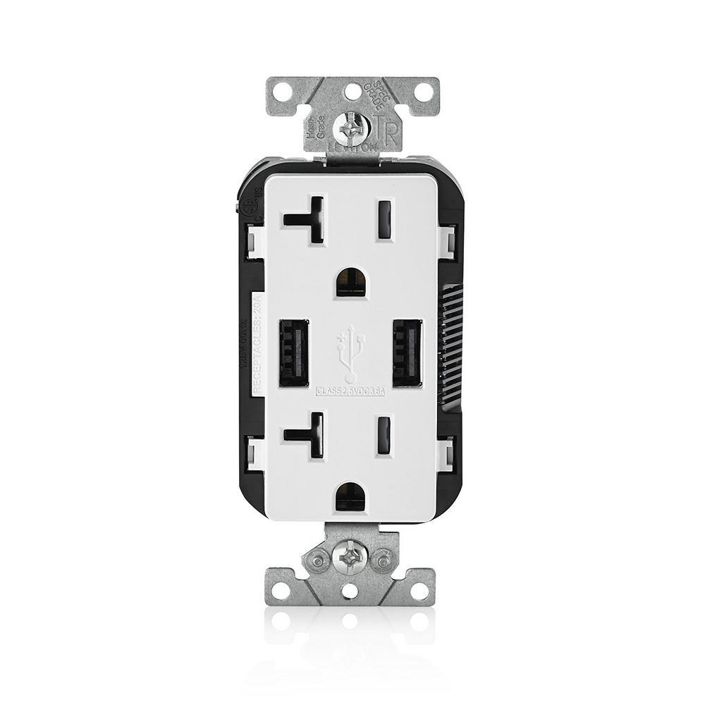 Decora 20 Amp 125-Volt Combination Duplex Outlet and USB Outlet, White - Super Arbor