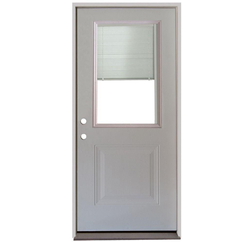 36 in. x 80 in. 1-Panel 1/2 Lite Mini-Blind Primed White Steel Prehung Front Door - Super Arbor