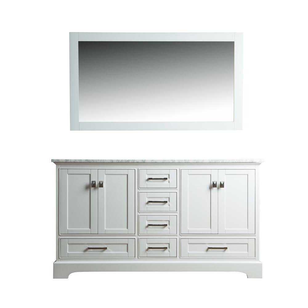 Newport 60 in. W x 22 in. D Vanity in White with Marble Vanity Top in Carrara White and Mirror - Super Arbor