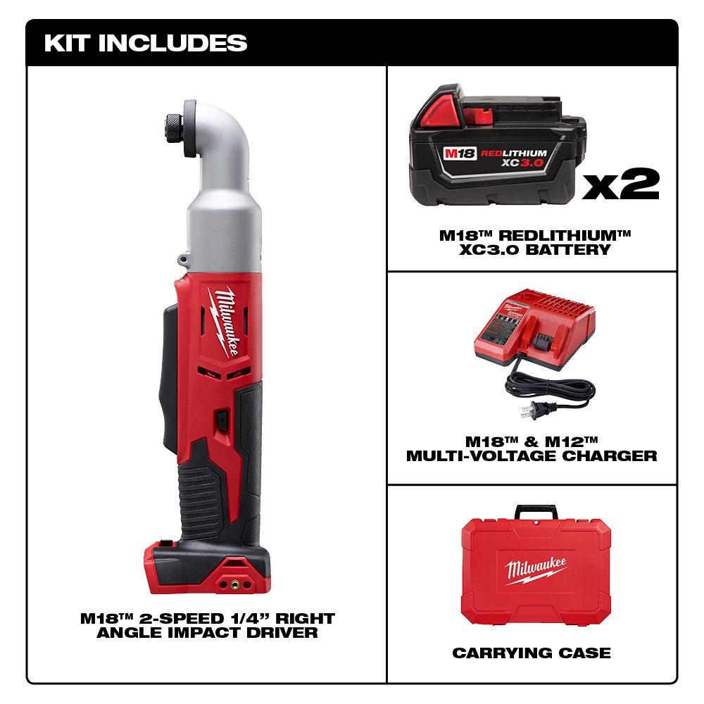 M18 18-Volt Lithium-Ion Cordless 1/4 in. Hex 2-Speed Right Angle Impact Driver W/(2) 3.0Ah Batteries, Charger, Hard Case - Super Arbor