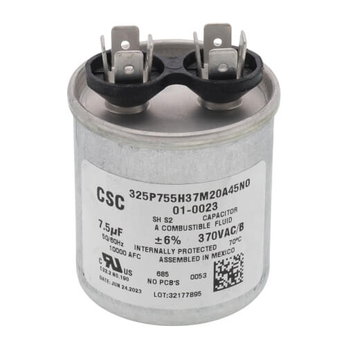 Nordyne 01-0023 capacitor - front view (Voltage: 370V; MFD: 7.5)