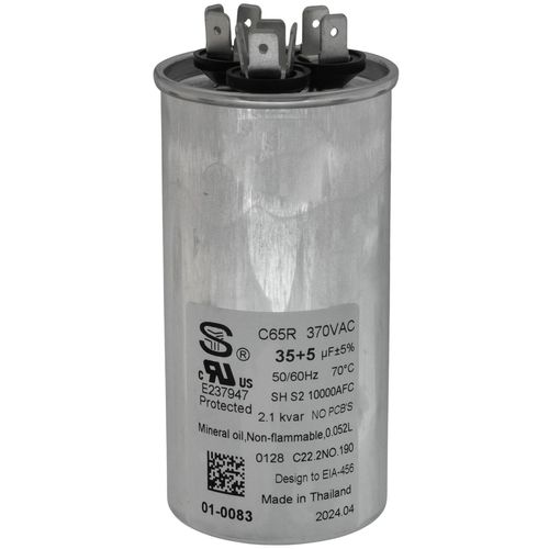 Nordyne 01-0083 capacitor - front view (Voltage: 370V; MFD: 35/5)