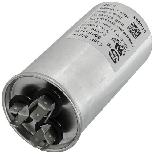 Nordyne 01-0083 capacitor - detail view (Voltage: 370V; MFD: 35/5)