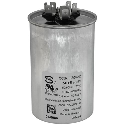 Nordyne 01-0086 capacitor - front view (Voltage: 370V; MFD: 50/5)