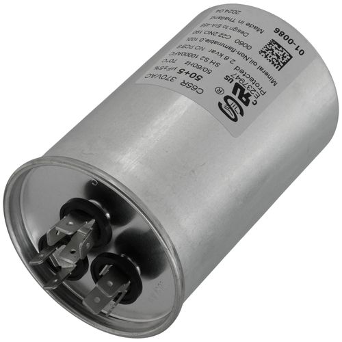 Nordyne 01-0086 capacitor - detail view (Voltage: 370V; MFD: 50/5)