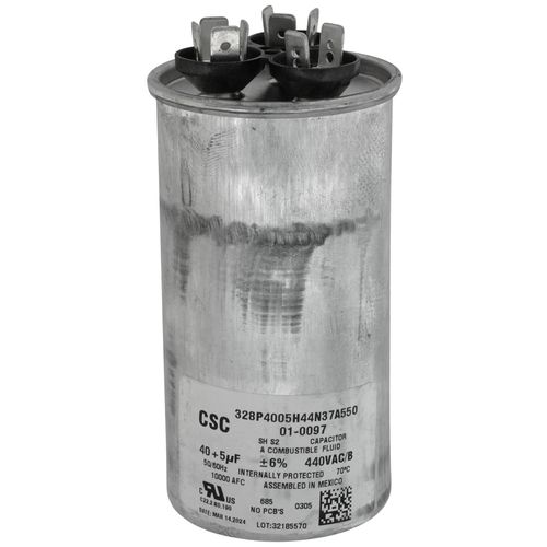 Nordyne 01-0097 capacitor - front view (Voltage: 440v; MFD: 40/5)