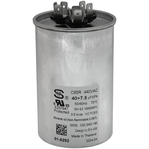Nordyne 01-0292 capacitor - front view (Voltage: 440v; MFD: 40/7.5)