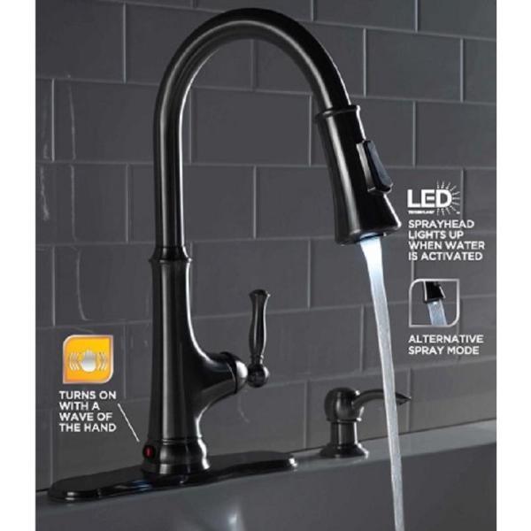 Touchless LED Single-Handle Pull-Down Sprayer Kitchen Faucet with Soap Dispenser in Stainless Steel - Super Arbor