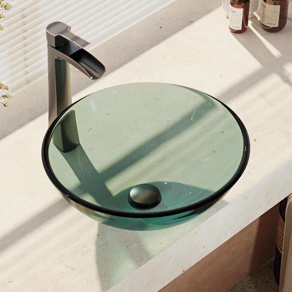 Glass Vessel Sink in Crystal with R9-7007 Faucet and Pop-Up Drain in Chrome - Super Arbor
