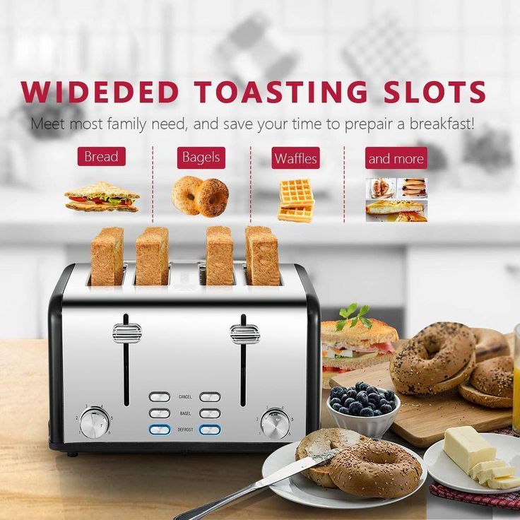 1650 W 4-Slice Silver Wide Slot Toaster with Dual Control Panels of Bagel, Defrost and Cancel Function