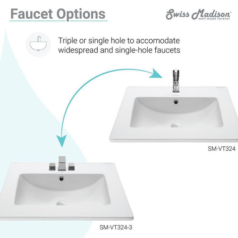 24 in. Ceramic Single Faucet Hole Vanity Top in White with White Basin - Super Arbor