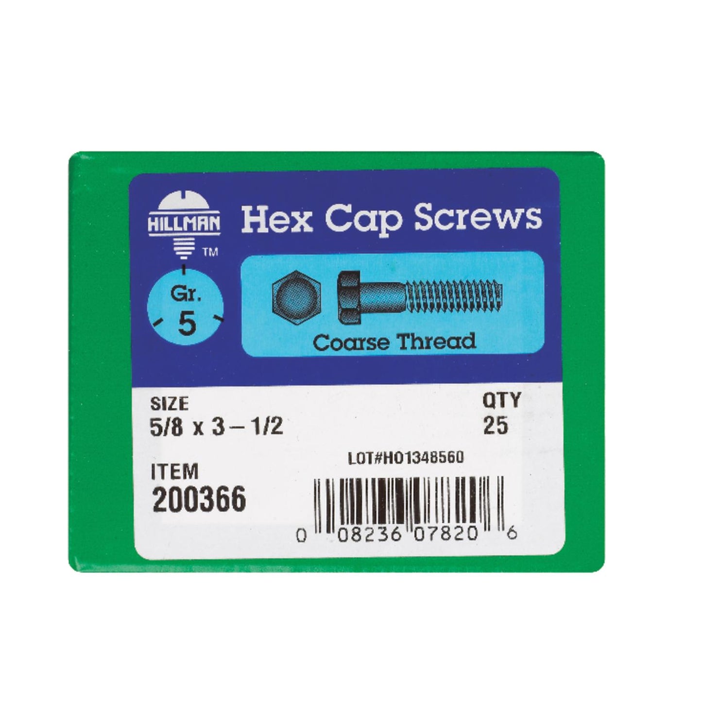 Hillman 5/8 in. Diameter x 3-1/2 in. Length Grade 5 Heat-Treated Zinc Steel Hex Head Cap Screws, Coarse Thread, 25-Pack