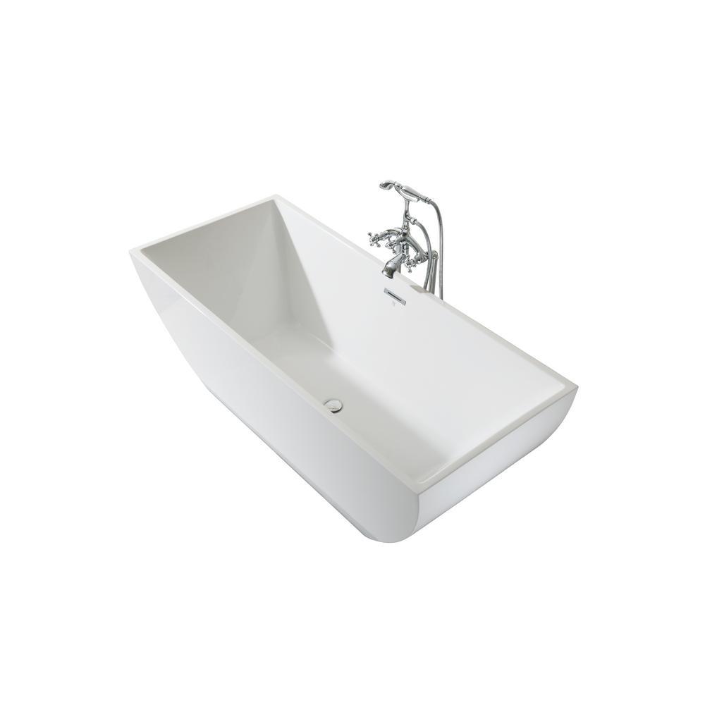 67 in. Acrylic Center Drain Rectangle Flat Bottom Freestanding Bathtub in White - Super Arbor