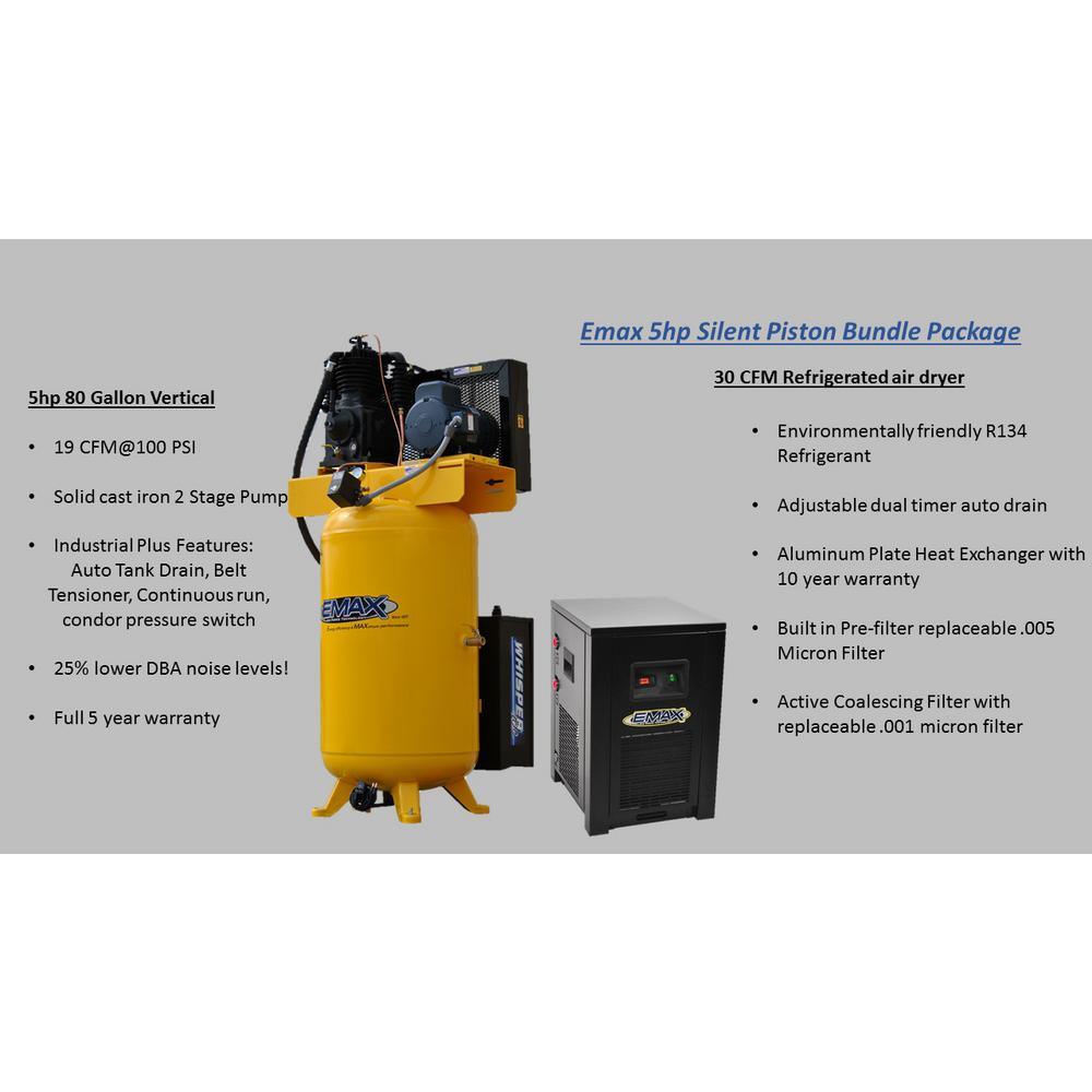 Industrial Plus 80 Gal. 5 HP 1-Phase 2-Stage Silent Air Electric Pressure Lube Air Compressor with 30 CFM Dryer Bundle - Super Arbor