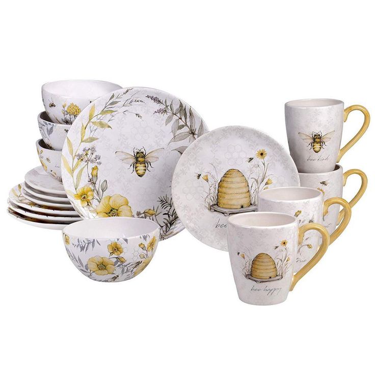 Bee Sweet 16-Piece Seasonal Multicolored Earthenware Dinnerware Set (Service for 4)