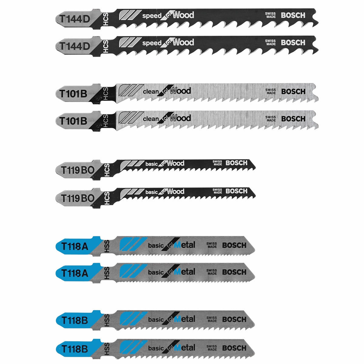 Bosch 10-Pack T‑Shank High‑Carbon Steel Jigsaw Blade Set