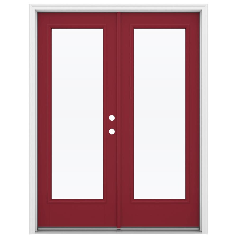 JELD-WEN 60-in x 80-in 4-9/16-in Low-E Clear Glass Cranberry Fiberglass French Left-Hand Inswing Double Patio Door with Brickmould