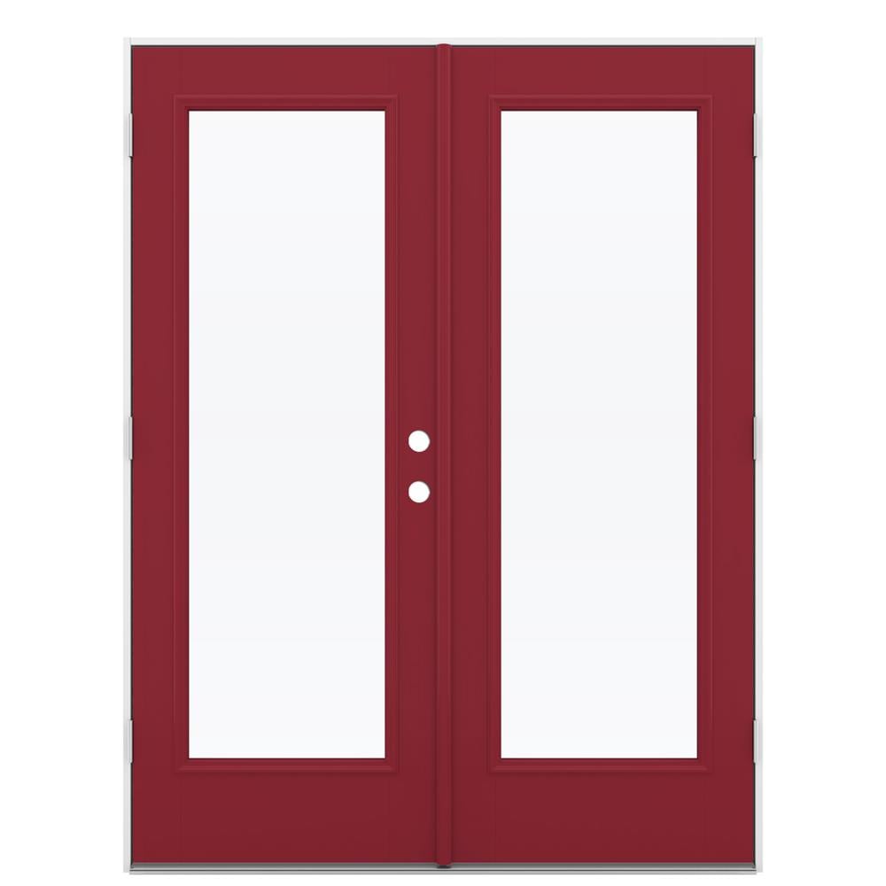 JELD-WEN 60-in x 80-in 4-9/16-in Low‑E Cranberry Fiberglass French Right-Hand Outswing Double Patio Door