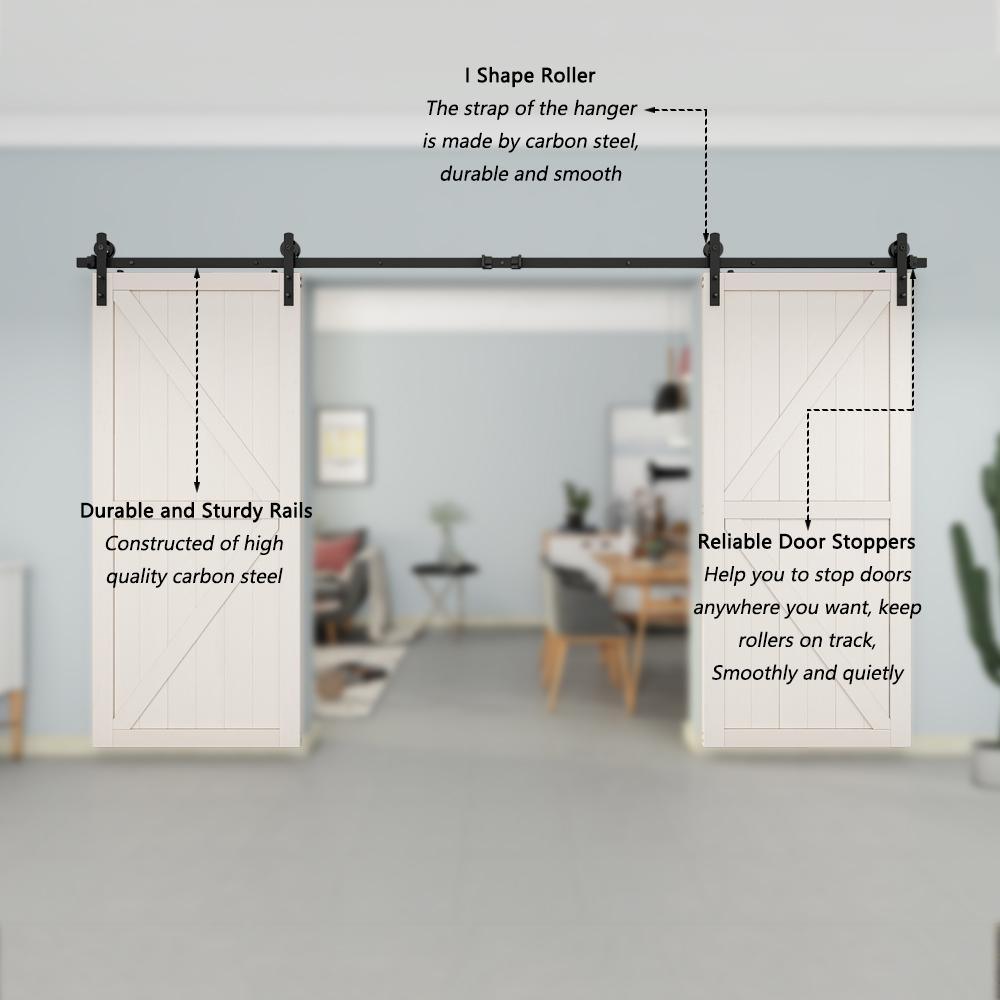 12 ft./144 in. Black Steel Straight Strap Sliding Barn Door Track and Hardware Kit for Double Doors with Floor Guide - Super Arbor